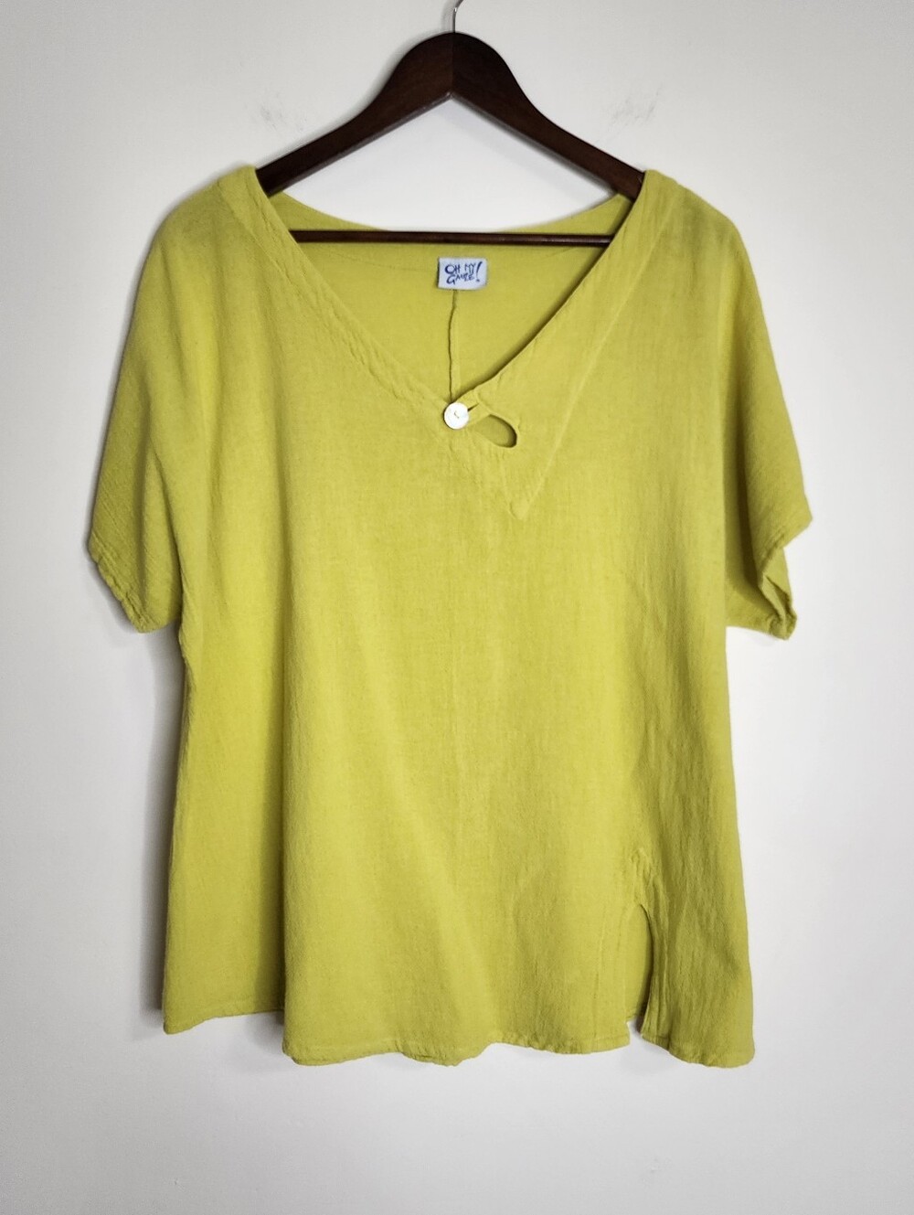 Oh My Guaze Citronella Green Button Detail Gauzy Lagenlook Top Sz 2 Casual